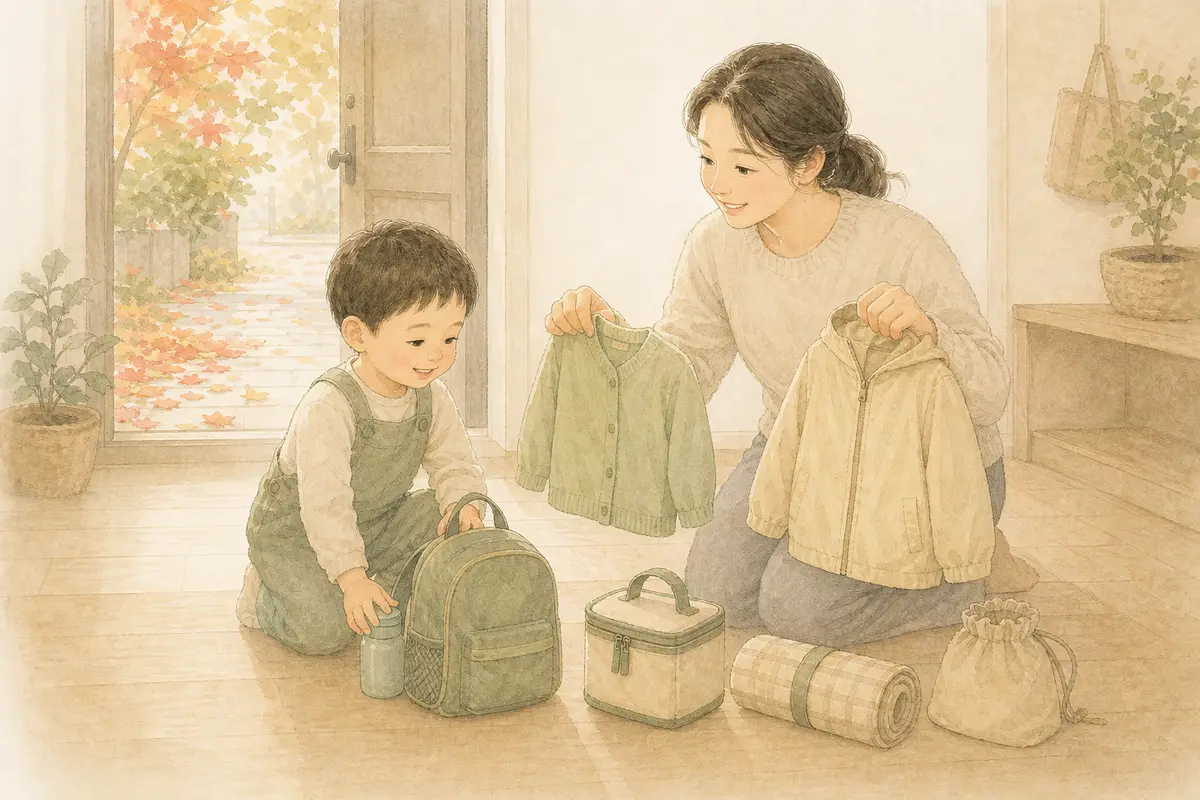 아이와 보호자가 사람이 많은 외출을 앞두고 안전 약속과 준비물을 함께 확인하는 수채 일러스트
