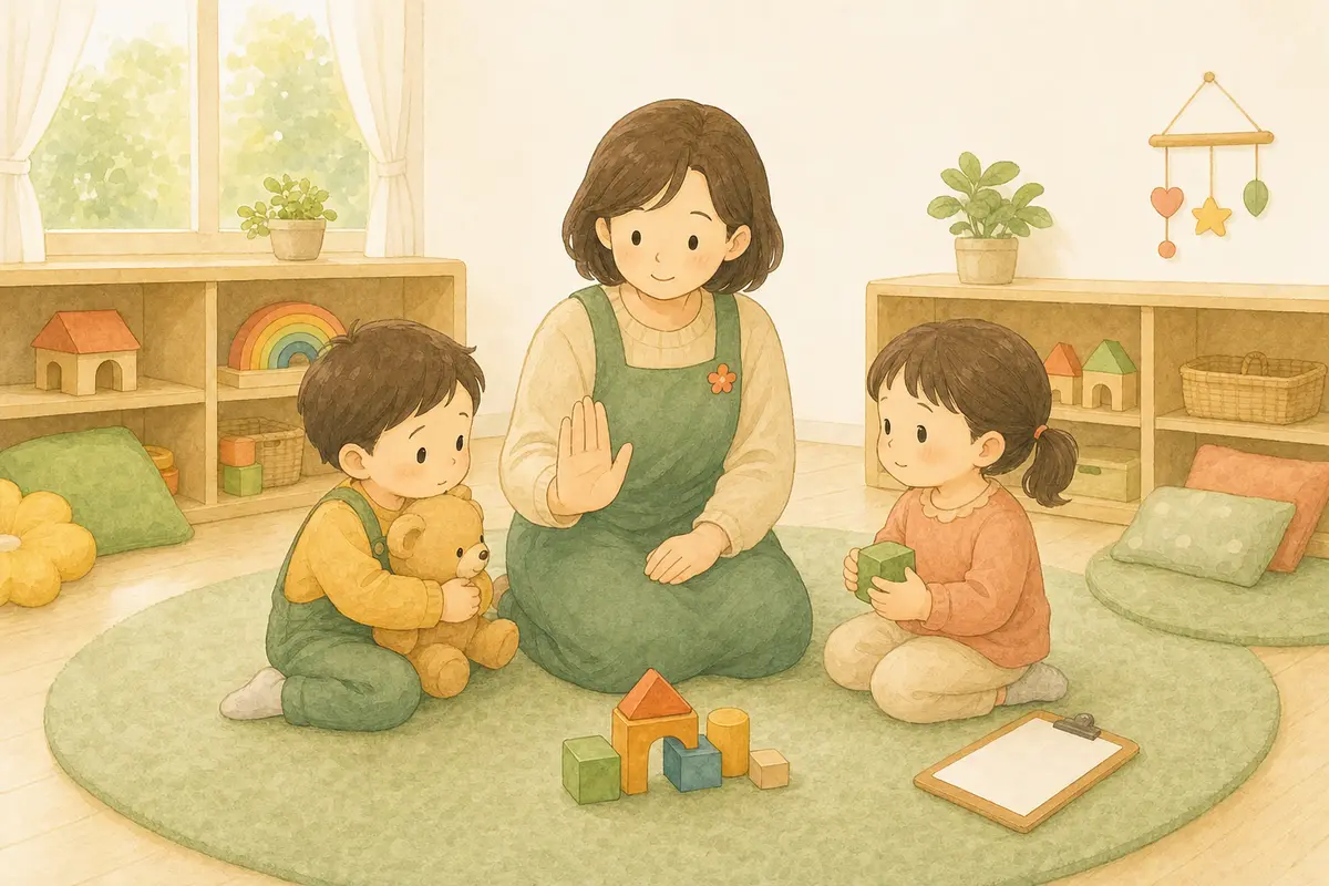 교사가 두 아이 사이에서 차분한 경계를 보여 주며 안전한 갈등 회복을 돕는 수채 일러스트