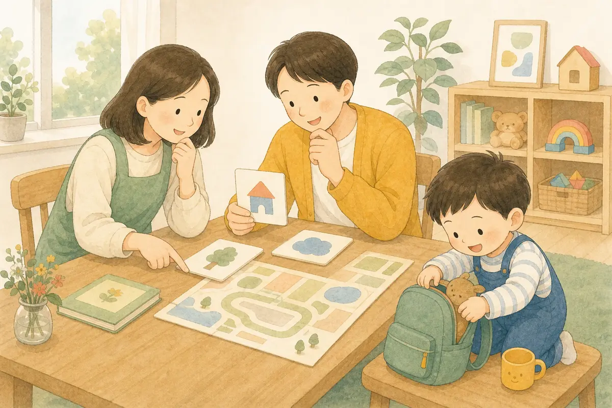 부모가 어린이집 그림 카드와 통원 지도를 비교하고 아이가 가방을 챙기는 수채 일러스트
