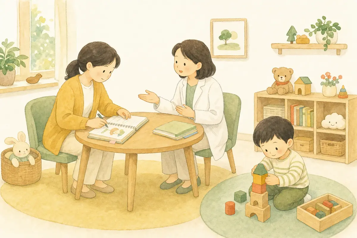 아이가 블록을 노는 동안 부모가 의료진과 발달 관찰 기록을 살펴보는 수채 일러스트