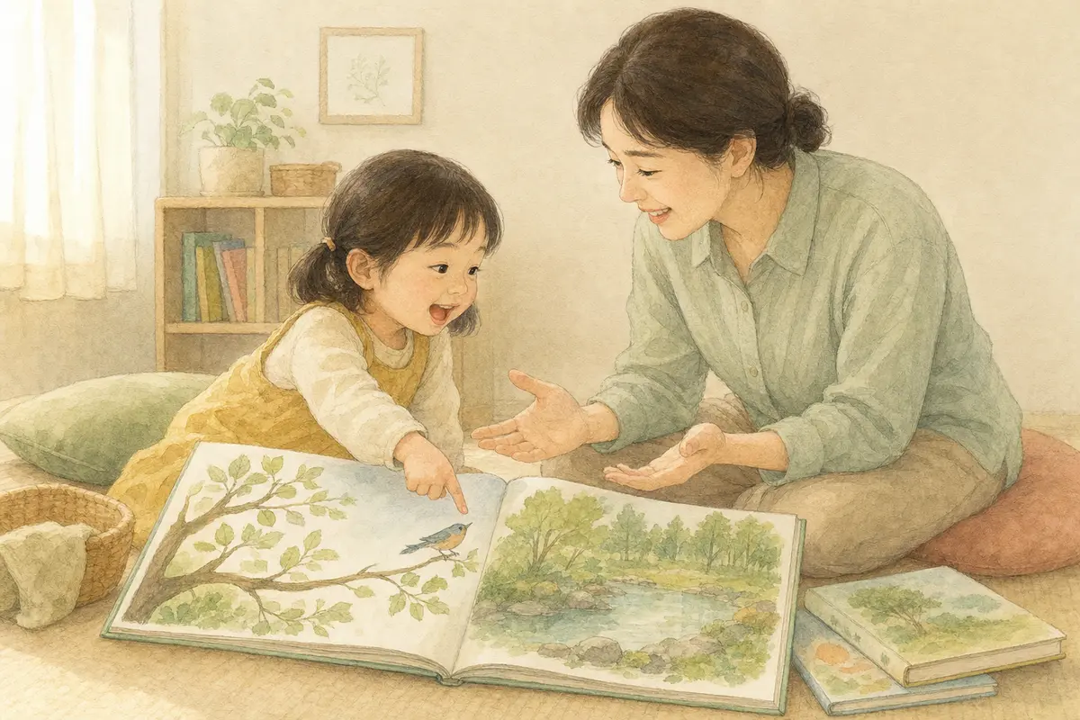 아이가 그림책 속 새를 가리키며 말하고 보호자가 열린 손으로 기다려 듣는 수채 일러스트