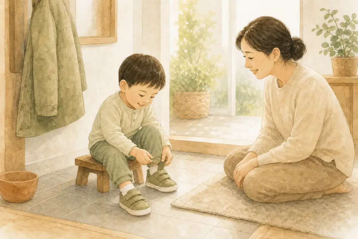 아이가 현관 의자에 앉아 벨크로 신발을 스스로 마무리하고 보호자가 기다려 주는 수채 일러스트