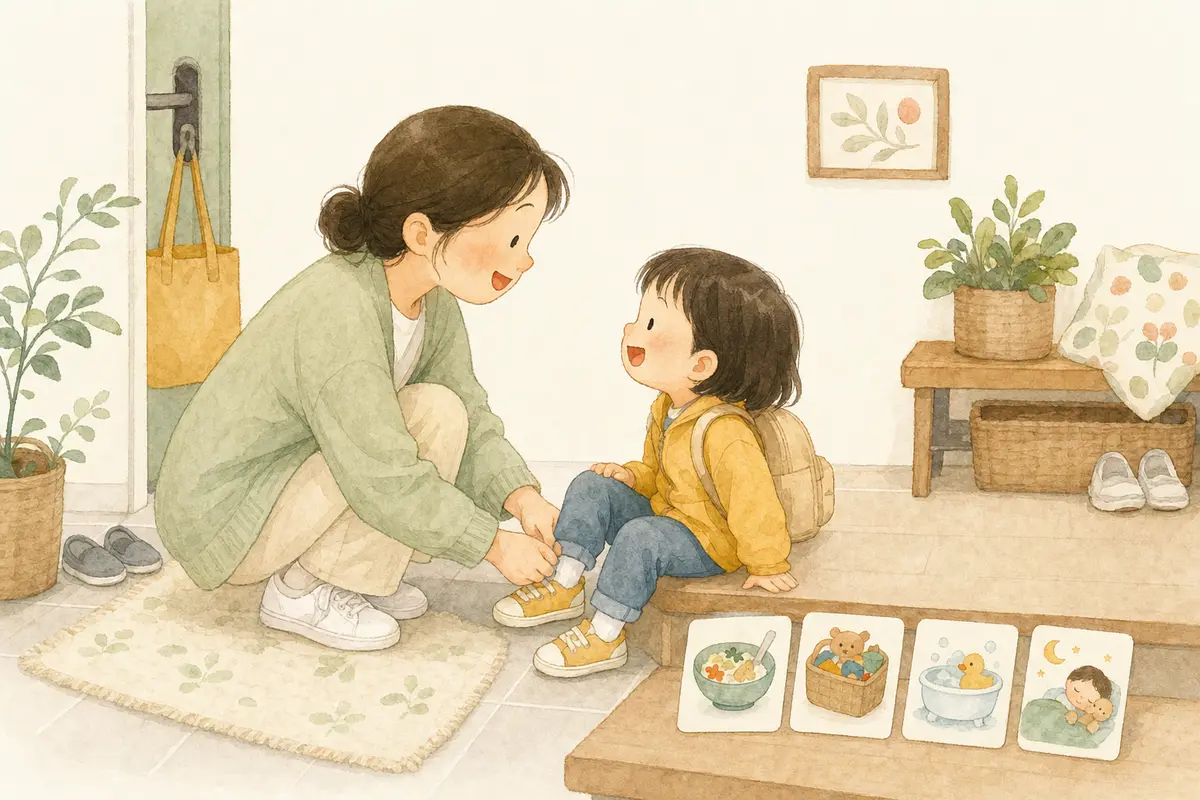 보호자와 아이가 현관에서 외출 준비를 하며 자연스럽게 대화하는 수채 일러스트