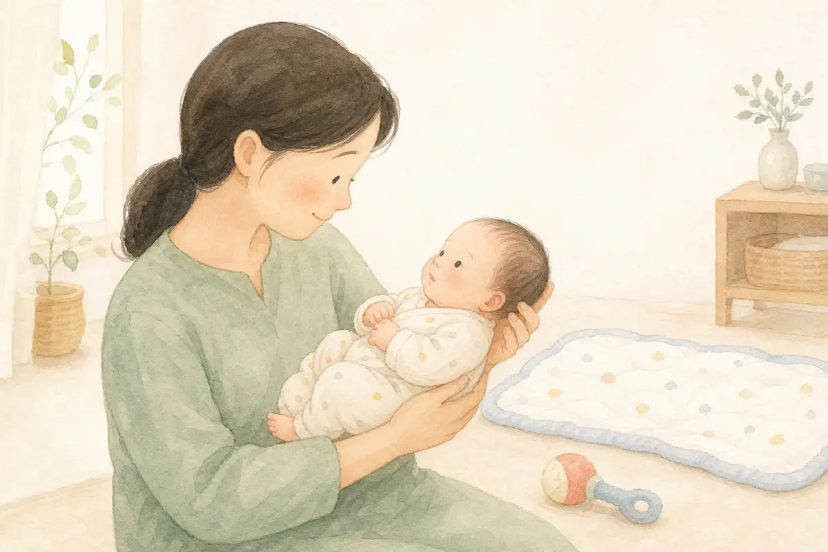 보호자가 생후 0~3개월 아기를 안정적으로 안고 눈을 맞추는 수채 일러스트