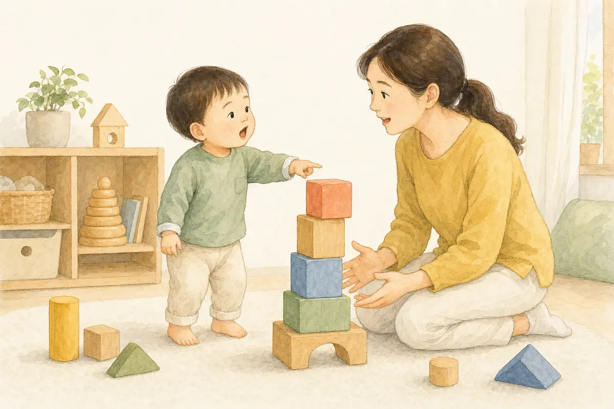 생후 18~24개월 아이가 보호자와 큰 블록을 쌓고 가리키는 수채 일러스트