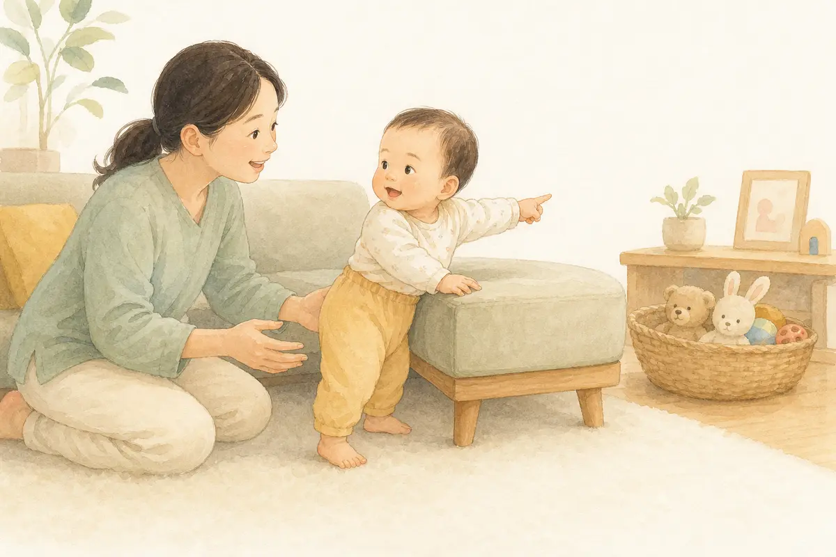 생후 9~12개월 아기가 낮은 소파를 잡고 서서 장난감을 가리키는 수채 일러스트