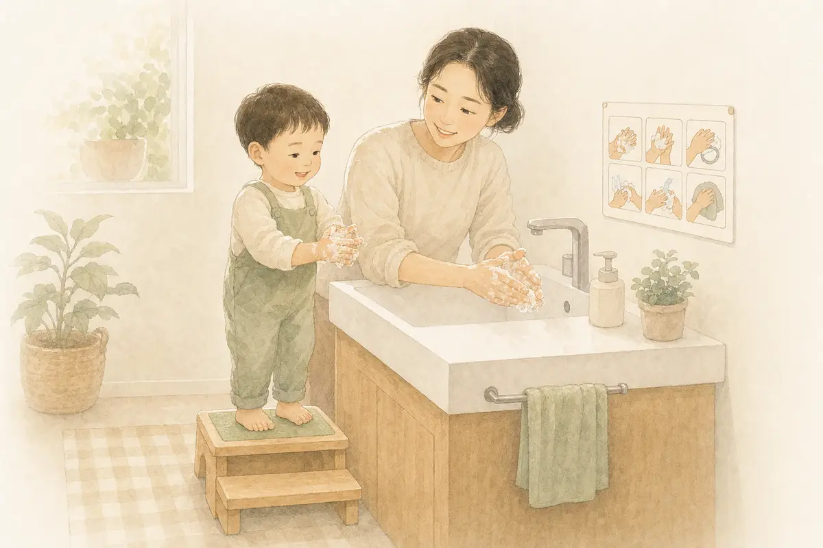 아이와 보호자가 세면대에서 손 씻기 동작을 놀이처럼 함께 익히는 수채 일러스트