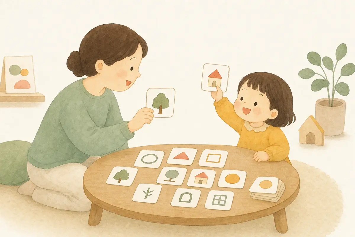 부모와 아이가 집에서 그림 카드 짝맞추기 놀이를 하는 수채 일러스트
