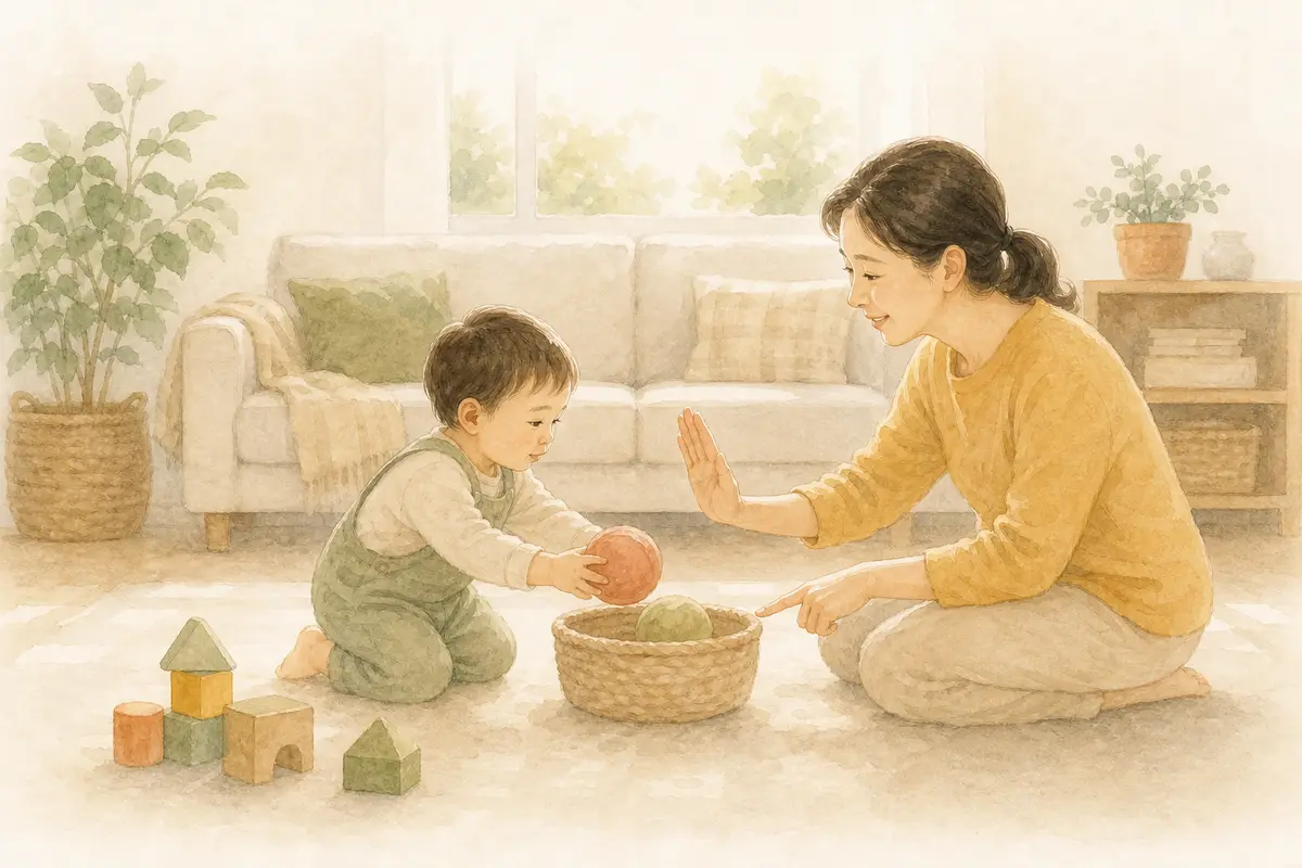 영아가 말랑한 공을 바구니에 넣고 보호자가 열린 손바닥으로 차분한 경계를 보여 주는 수채 일러스트