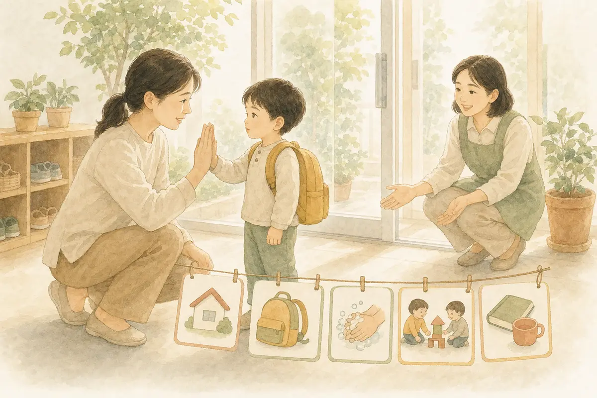 어린이집 현관에서 아이와 보호자가 짧게 손 인사를 하고 교사가 기다리는 수채 일러스트