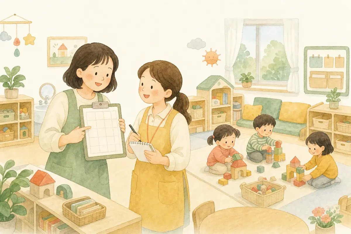 선임 교사와 신입 교사가 아이들의 블록 놀이를 보며 안전 점검 동선을 함께 익히는 수채 일러스트