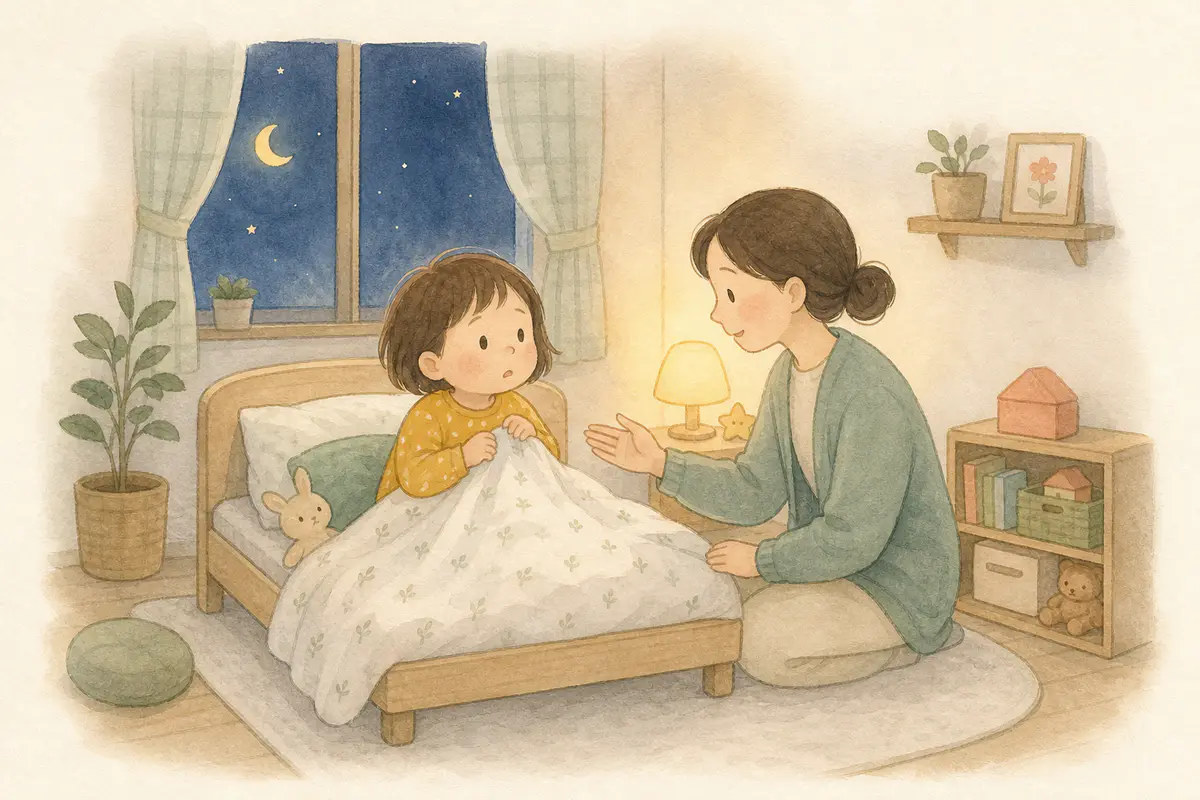 밤중에 놀라 깬 아이 곁에서 보호자가 차분히 안전을 확인하고 안심시키는 수채 일러스트