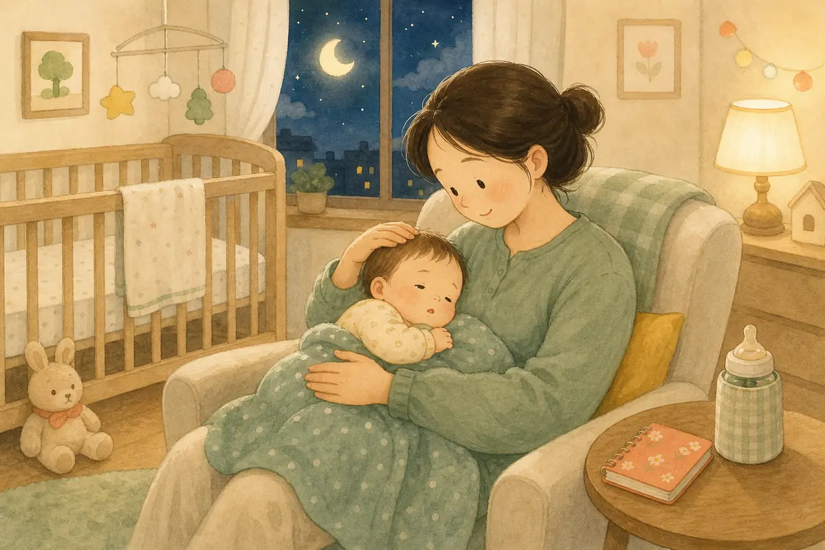 달빛이 드는 방에서 보호자가 잠깐 깬 아기를 포근히 달래는 수채 일러스트