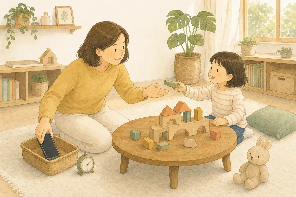 보호자가 휴대전화를 보관 바구니에 내려놓고 아이의 블록 놀이로 돌아오는 수채 일러스트