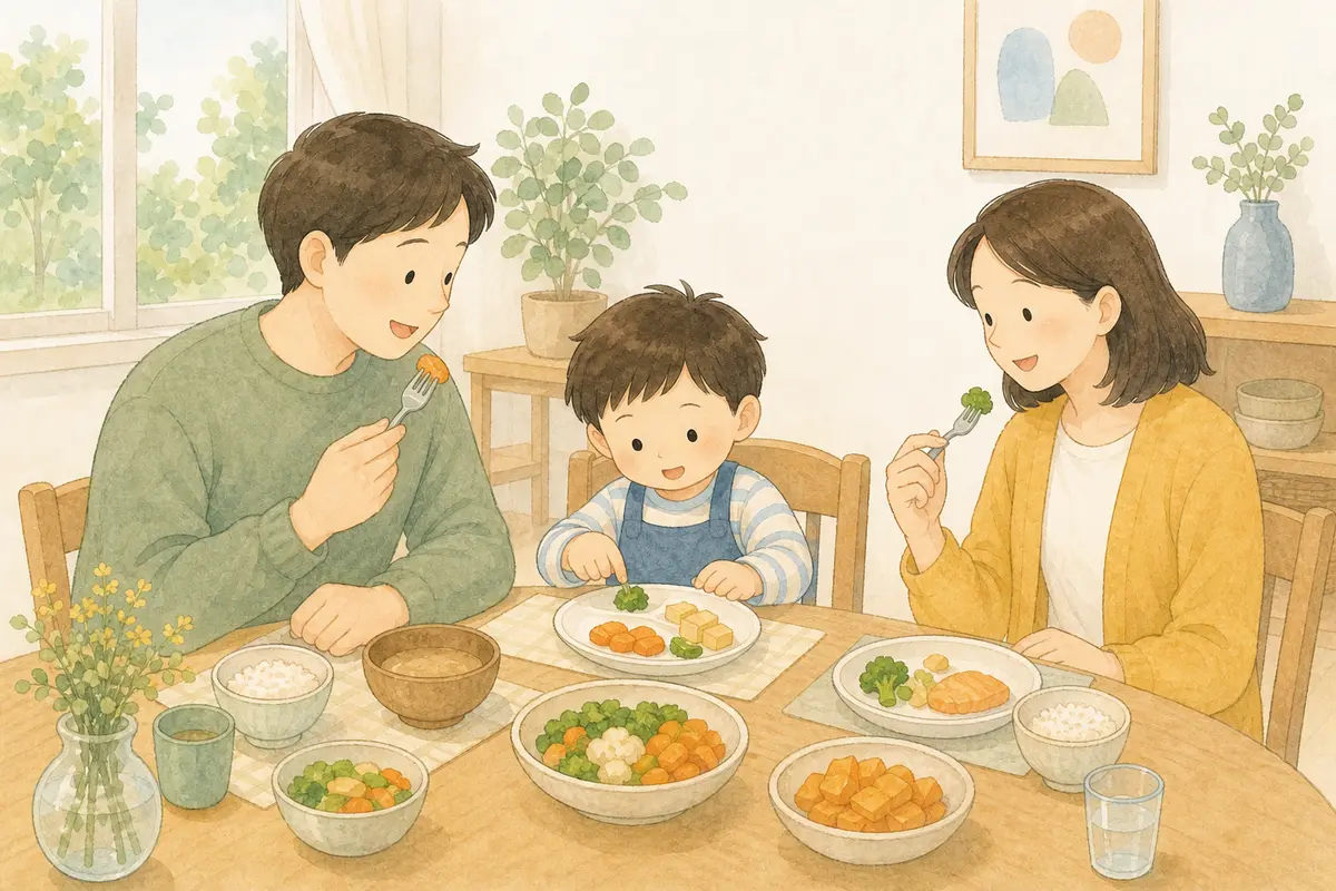 가족이 편안한 식탁에서 아이와 함께 작은 새 음식을 살펴보는 수채 일러스트