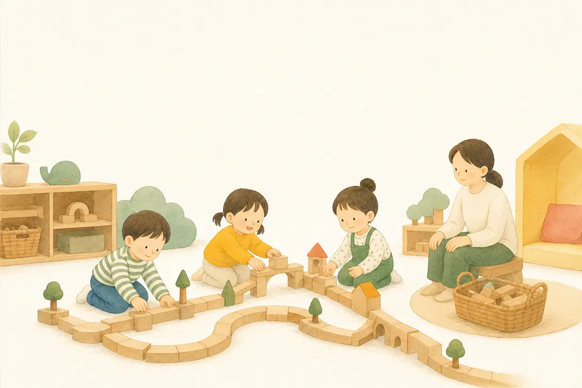 아이들이 교실 바닥에 긴 블록 길을 함께 만드는 수채 일러스트