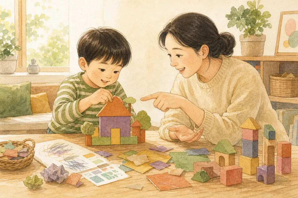 아이가 블록과 종이로 여러 번 시도하는 과정을 보호자가 관심 있게 바라보는 수채 일러스트