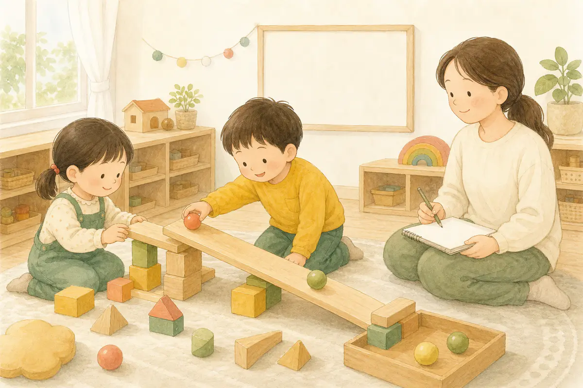 아이들이 블록 경사로 놀이를 반복 탐색하고 교사가 곁에서 관찰해 기록하는 수채 일러스트