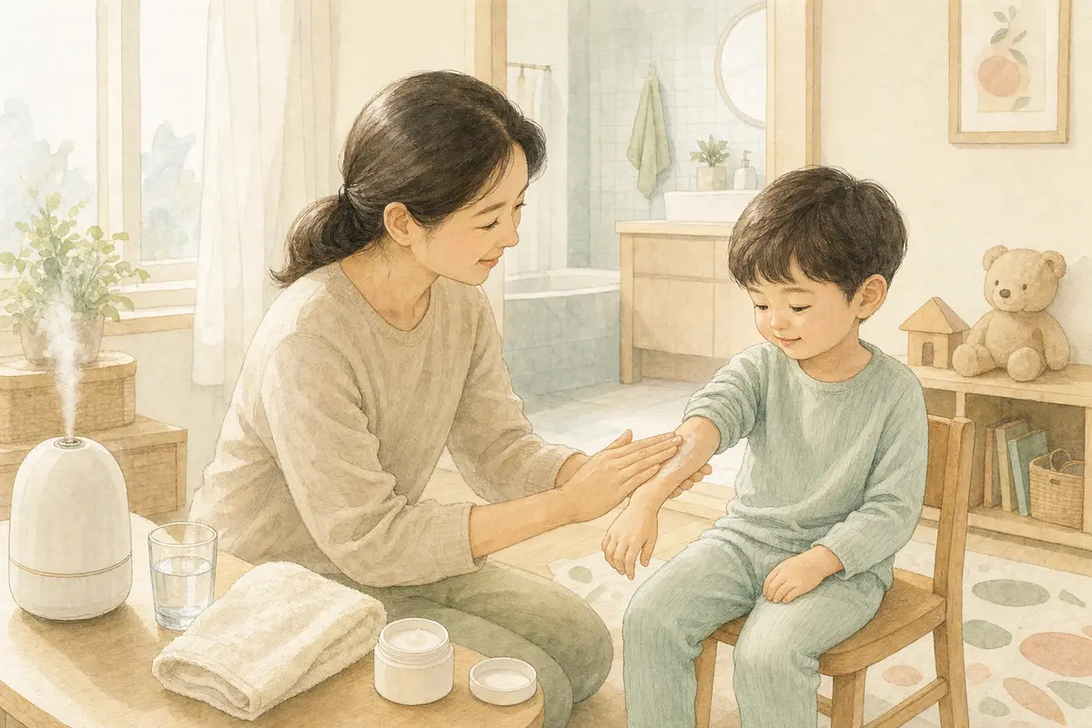 목욕을 마친 아이의 팔에 보호자가 보습제를 부드럽게 발라 주는 수채 일러스트