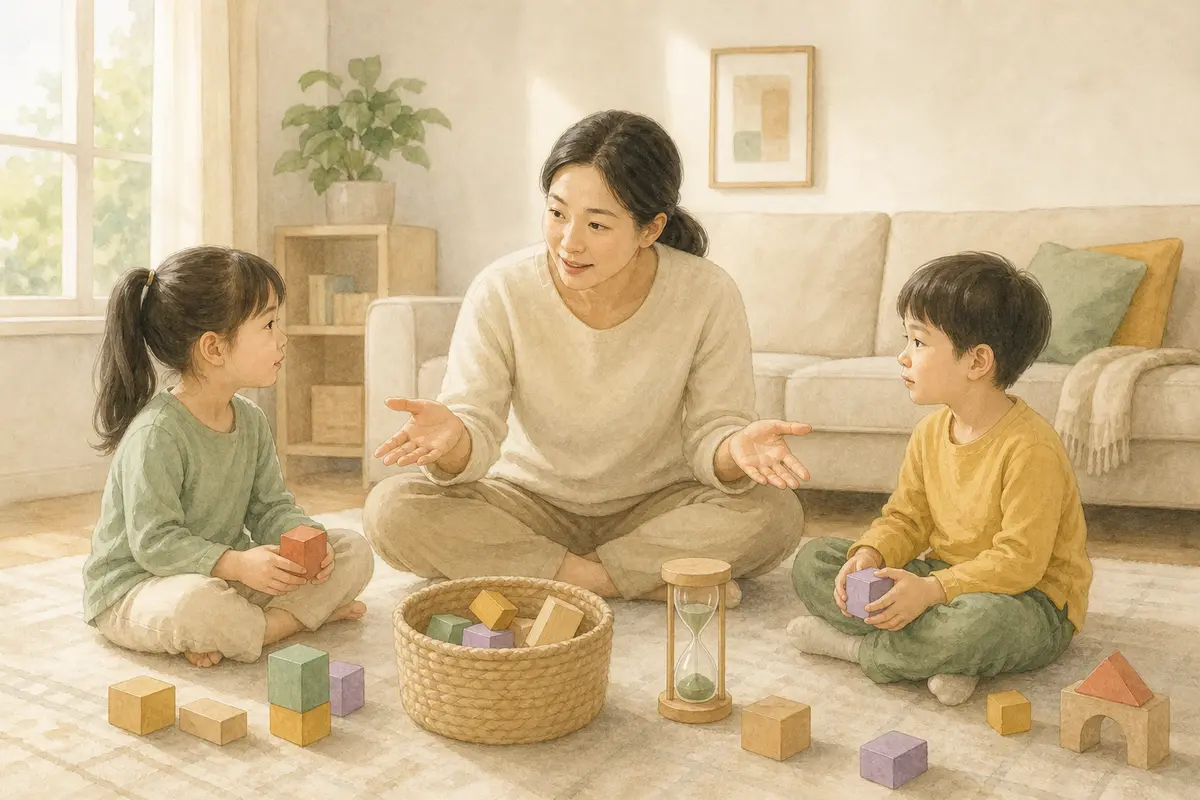 보호자가 두 아이의 이야기를 한 명씩 들으며 형제 갈등의 해결을 돕는 수채 일러스트