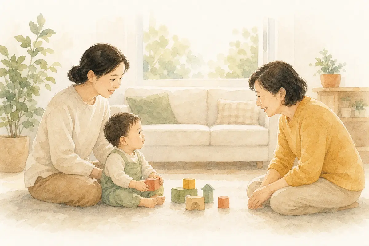 보호자 곁의 아이가 블록을 사이에 두고 친척과 천천히 눈을 맞추는 수채 일러스트