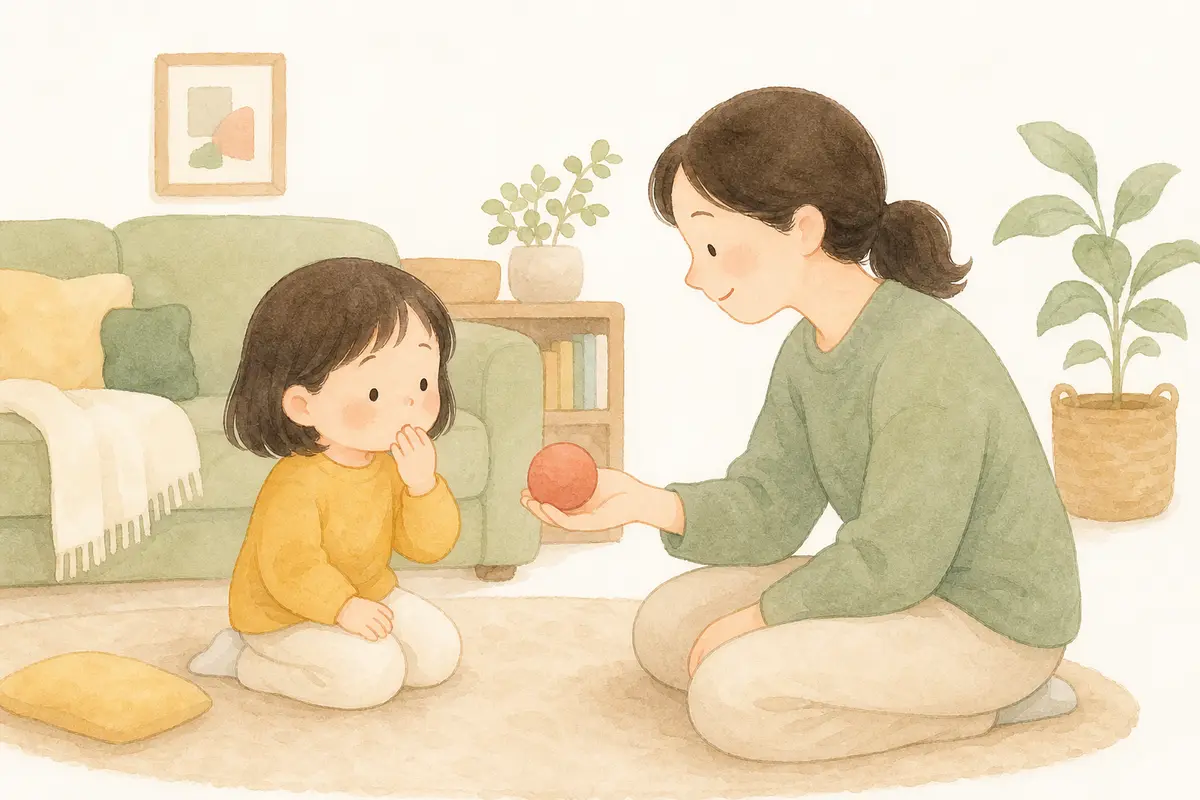 보호자가 손가락을 입 가까이 가져간 아이에게 말랑한 공을 조용히 건네는 수채 일러스트