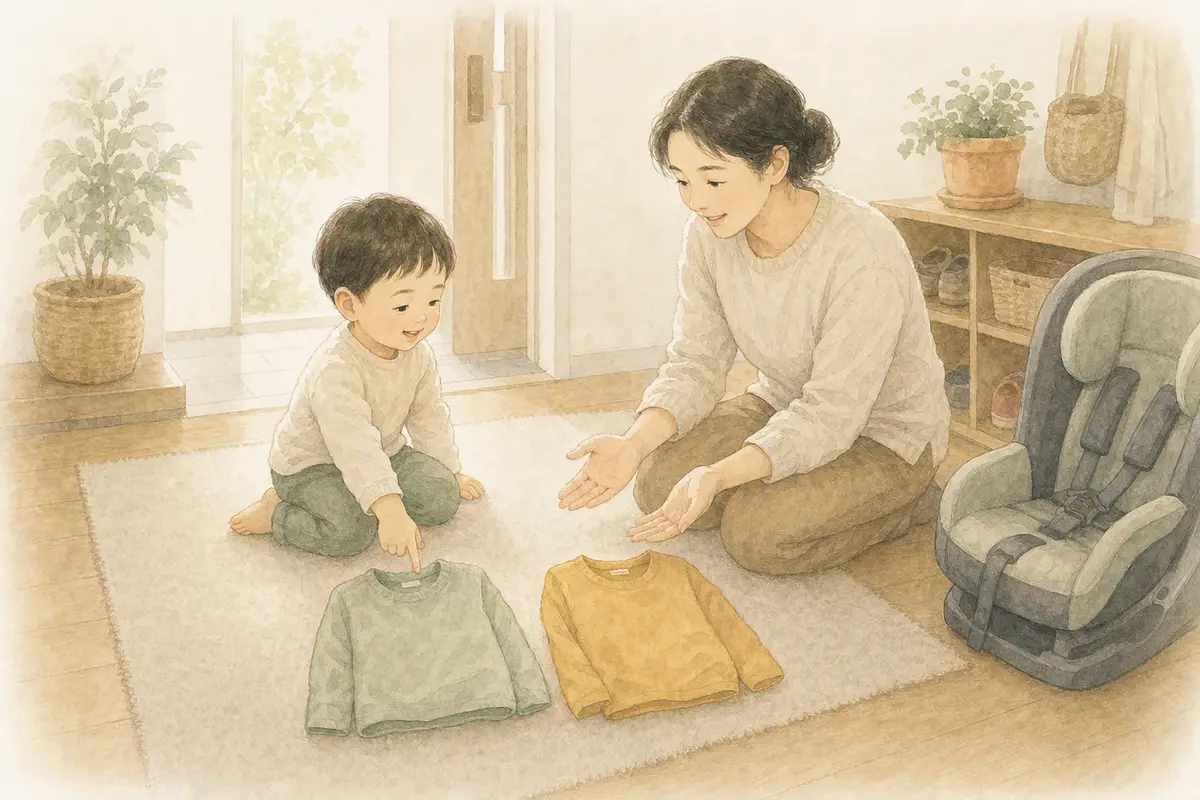 아이가 외출용 상의 두 벌 중 하나를 고르고 보호자가 열린 손으로 기다리는 수채 일러스트
