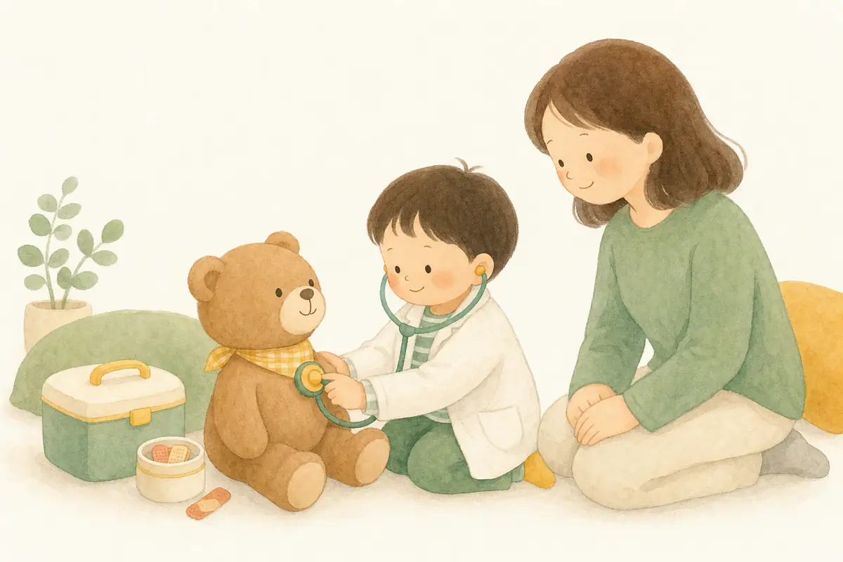 아이가 곰인형에게 청진기를 대며 건강검진 놀이를 하는 수채 일러스트